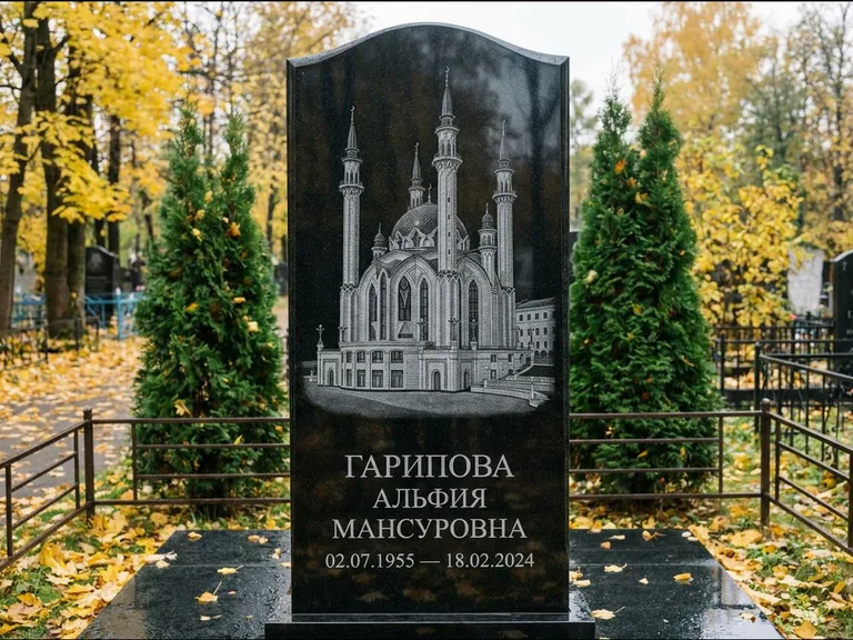 Мусульманский памятник с гравировкой мечети — мечеть Кул-Шариф на обороте стелы, работа «Гарипова» в Краснодаре