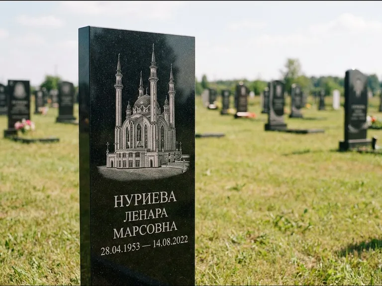 Мусульманский памятник с гравировкой мечети: узкая вертикальная стела-пилон — гравировка мечети в михраб-арке с орнаментом, открытая лужайка без ограды, работа «Хайруллина» в Краснодаре