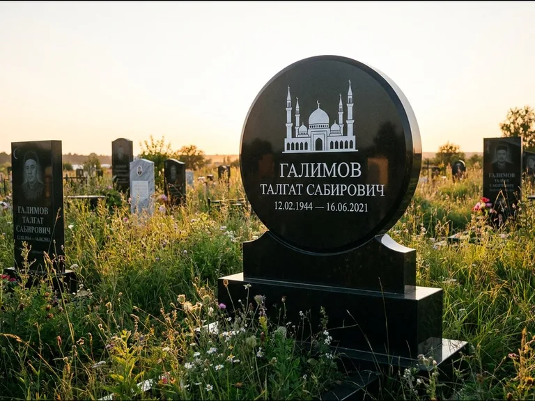 Мусульманский памятник с гравировкой мечети: округлая стела-медальон на тумбе — гравировка мечети в михраб-арке с орнаментом, луговые травы и полевые цветы, работа «Каримов» в Краснодаре