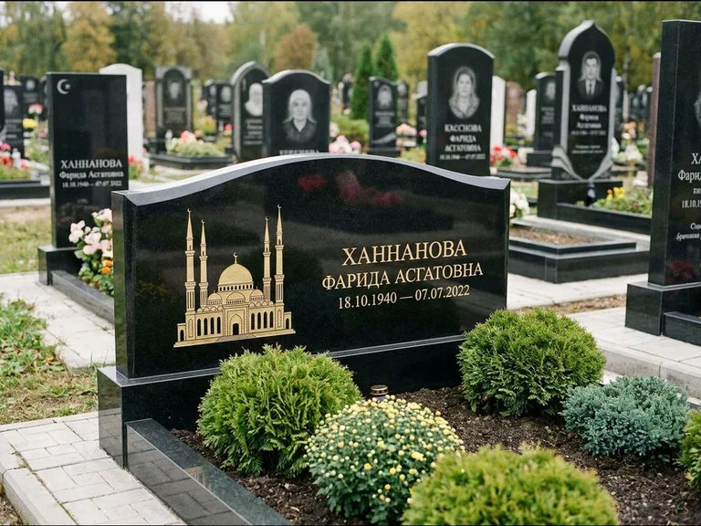 Мусульманский памятник с гравировкой мечети: вытянутая горизонтальная семейная стела с аркой — белая гравировка силуэта мечети с минаретами, участок с декоративными кустами, работа «Гарипова» в Краснодаре