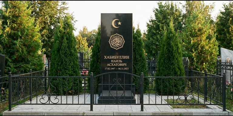 Гравировка на мусульманском памятнике в Краснодаре — стела из чёрного гранита, оформление по канонам ислама