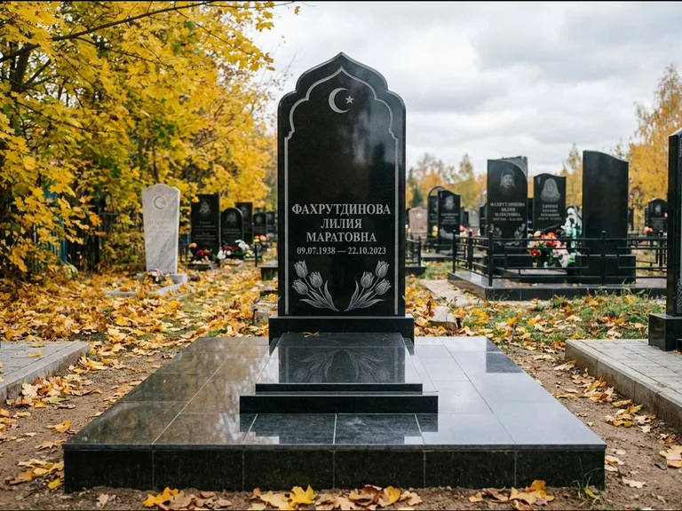 Мусульманский памятник: стела с михраб-навершием в форме арки — гравировка минарета с полумесяцем, гранитный цоколь с тёмной плиткой, работа «Фахрутдинова» в Краснодаре
