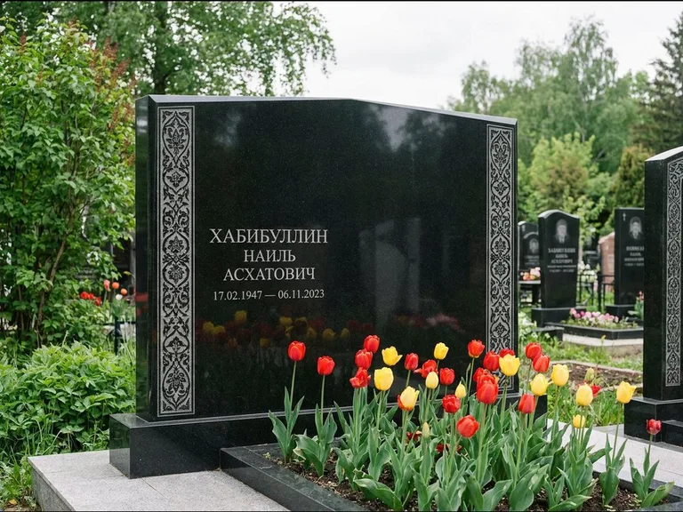 Мусульманский памятник: широкая двойная семейная стела — золочёная гравировка мечети, цветник с тюльпанами, работа «Хабибуллин» в Краснодаре