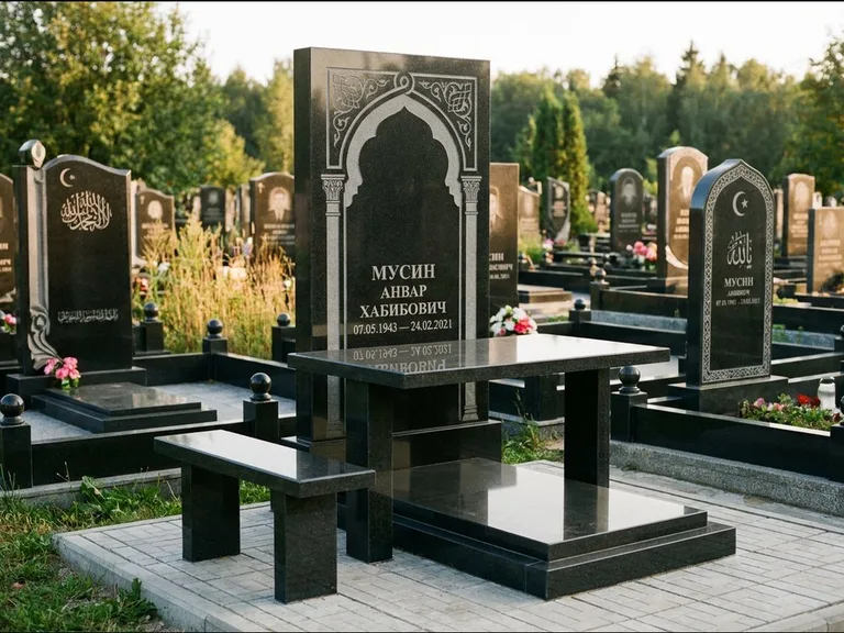 Мусульманский памятник: стела с гранитным столиком и скамьёй — гравировка мечети под полумесяцем и звёздами, семейный участок с плиткой, работа «Гимаев» в Краснодаре