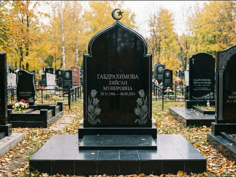Мусульманский памятник: массивная стела с михраб-навершием — белая гравировка силуэта мечети с минаретами, цоколь тёмной плиткой, работа «Магомедова» в Краснодаре