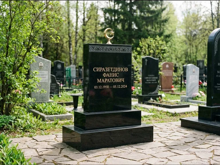 Мусульманский памятник: ступенчатая трёхуровневая стела — золочёная гравировка мечети, дорожка из природного плитняка, работа «Мустафин» в Краснодаре