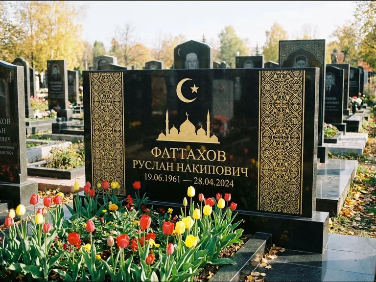 Мусульманский памятник: широкая панорамная стела с золочёным орнаментом — гравировка минарета с полумесяцем, цветник с тюльпанами, работа «Сулейманов» в Краснодаре