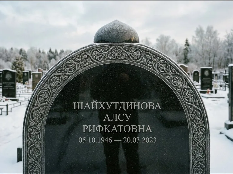 Мусульманский памятник: полукруглая стела с купольным навершием — гравировка мечети под полумесяцем и звёздами, заснеженный зимний участок, работа «Ганиева» в Краснодаре