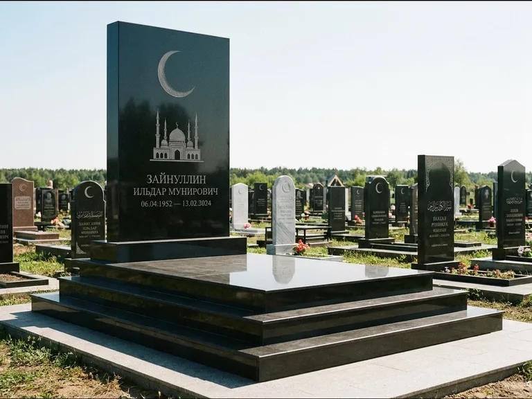 Мусульманский памятник: массивная стела на ступенчатом постаменте — гравировка мечети под полумесяцем и звёздами, гранитная площадка без ограды, работа «Хабибуллин» в Краснодаре