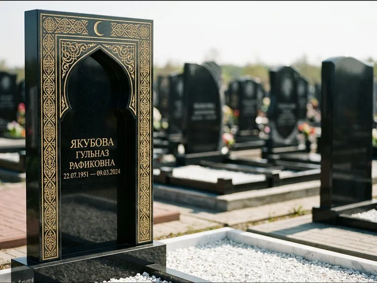 Мусульманский памятник: стела в форме михраба с глубокой нишей и золочёным орнаментом — детализированная гравировка мечети Кул-Шариф, участок с белой мраморной крошкой, работа «Мустафин» в Краснодаре