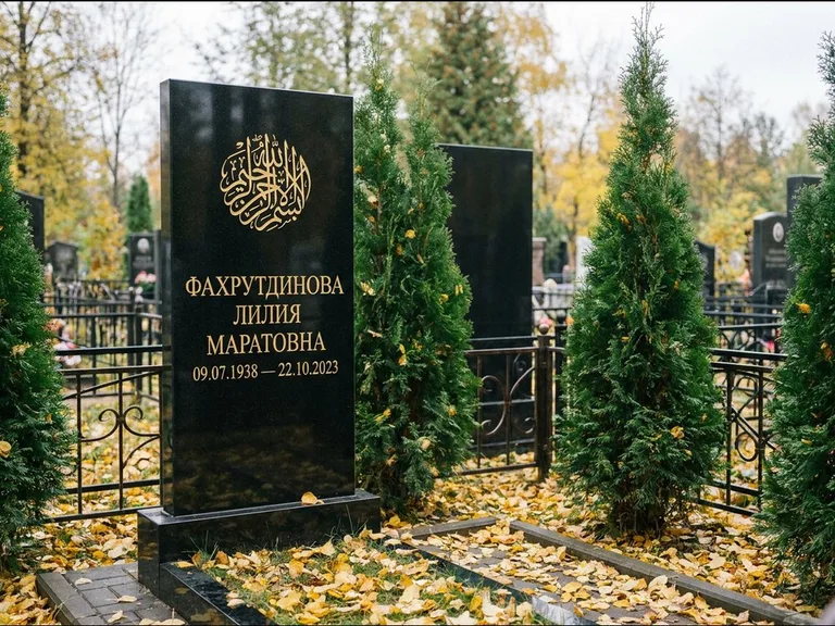 Мусульманский памятник — шахада в верхней части стелы, работа «Фахрутдинова» в Краснодаре