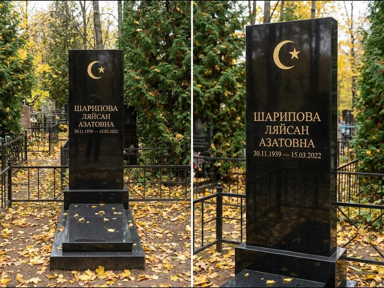 Памятник с гравировкой полумесяца — золочёная гравировка полумесяца со звездой в верхней части с, работа «Шарипова» в Краснодаре