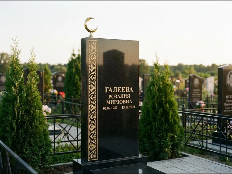 Памятник с гравировкой полумесяца — золочёный полумесяц и колонна растительного орнамента-ислими, работа «Галеева» в Краснодаре
