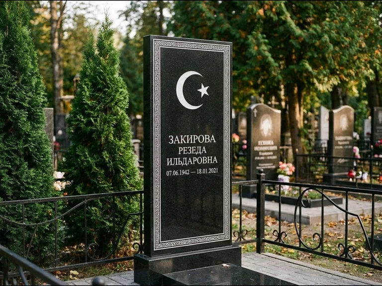Памятник с гравировкой полумесяца — строгая белая гравировка полумесяца со звездой и орнаменталь, работа «Закирова» в Краснодаре