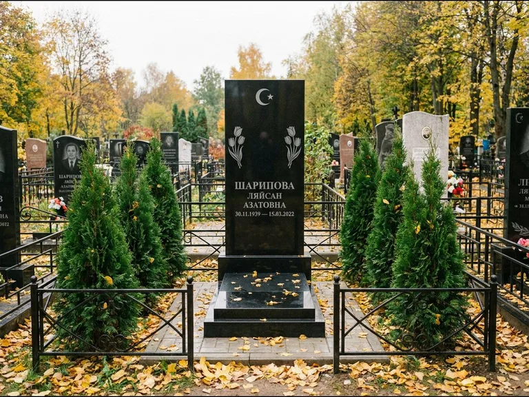 Памятник с гравировкой полумесяца — гравировка полумесяца со звездой и тюльпанами по бокам, работа «Шарипова» в Краснодаре