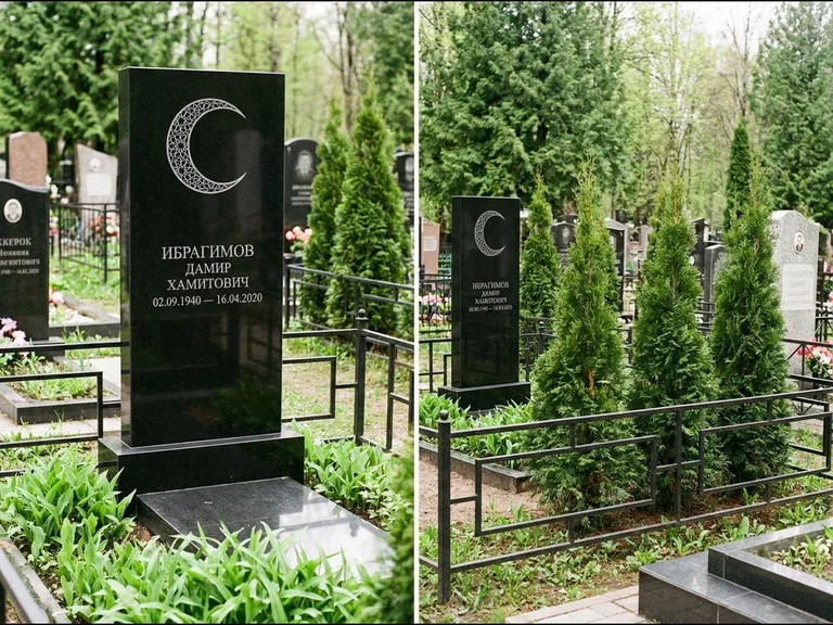 Памятник с гравировкой полумесяца — гравировка полумесяца в геометрическом орнаменте-гирихе, работа «Ибрагимов» в Краснодаре