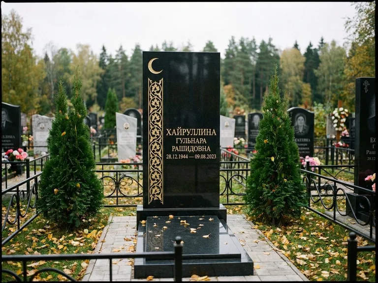 Памятник с гравировкой полумесяца — золочёный полумесяц и колонна растительного орнамента-ислими, работа «Хайруллина» в Краснодаре