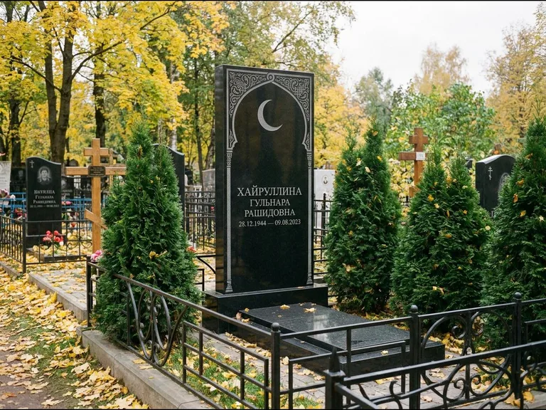 Памятник с гравировкой полумесяца — гравировка полумесяца в восточной арке с орнаментом, работа «Хайруллина» в Краснодаре