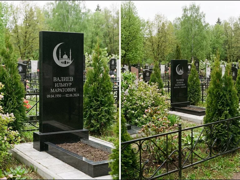 Памятник с гравировкой полумесяца — гравировка полумесяца над силуэтом мечети, работа «Валиев» в Краснодаре