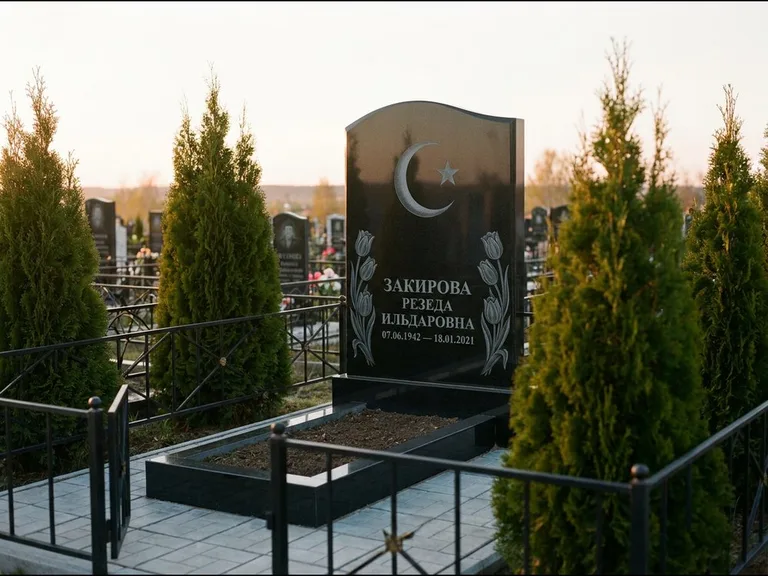 Памятник с гравировкой полумесяца — гравировка полумесяца со звездой и тюльпанами по бокам, работа «Закирова» в Краснодаре
