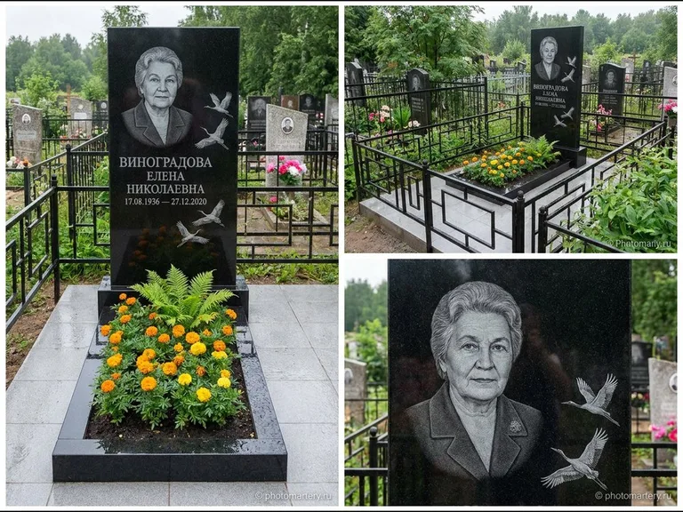 Памятник с гравировкой журавлей — гравировка трёх журавлей по диагонали через свободное поле с, работа «Виноградова» в Краснодаре