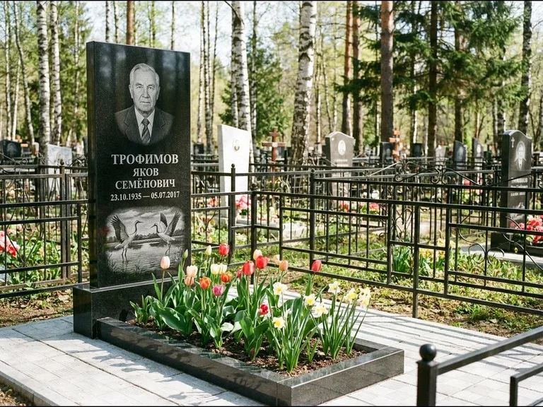 Памятник с гравировкой журавлей — гравировка пары журавлей над гладью озера в нижней части, работа «Трофимов» в Краснодаре