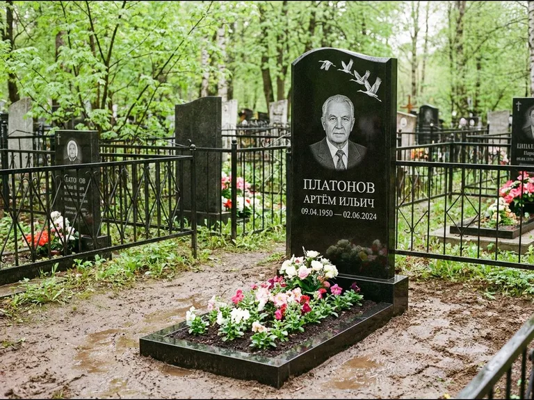 Памятник с гравировкой журавлей — белая гравировка клина журавлей, уходящего в верхний угол ст, работа «Платонов» в Краснодаре