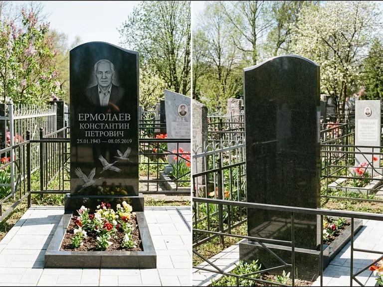 Памятник с гравировкой журавлей — гравировка трёх журавлей по диагонали через свободное поле с, работа «Ермолаев» в Краснодаре