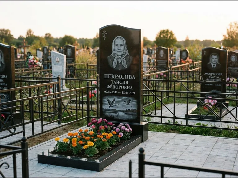 Памятник с гравировкой журавлей — гравировка пары журавлей над гладью озера в нижней части, работа «Некрасова» в Краснодаре
