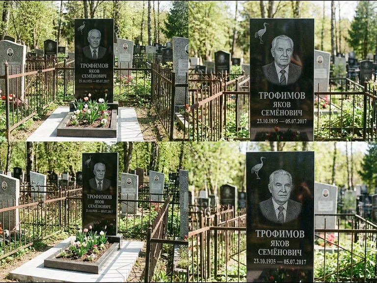 Памятник с гравировкой журавлей — гравировка одиночного летящего журавля над портретом, работа «Трофимов» в Краснодаре