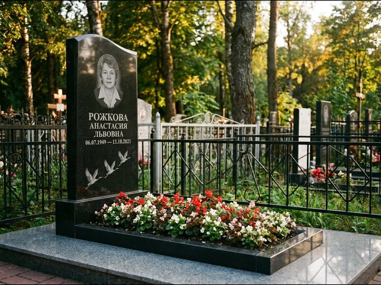 Памятник с гравировкой журавлей — гравировка трёх журавлей по диагонали через свободное поле с, работа «Рожкова» в Краснодаре