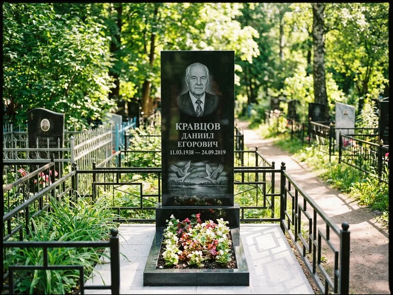 Памятник с гравировкой журавлей — гравировка пары журавлей над гладью озера в нижней части, работа «Кравцов» в Краснодаре