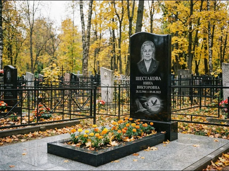 Памятник с гравировкой журавлей — гравировка клина журавлей на фоне солнечного диска, работа «Шестакова» в Краснодаре