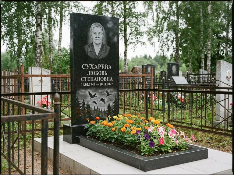 Памятник с гравировкой журавлей — гравировка силуэтов журавлей над еловым лесом, работа «Сухарева» в Краснодаре