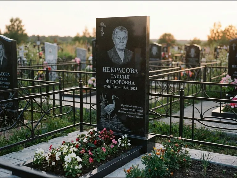 Памятник с гравировкой журавлей — гравировка журавля у камышей рядом с эпитафией, работа «Некрасова» в Краснодаре