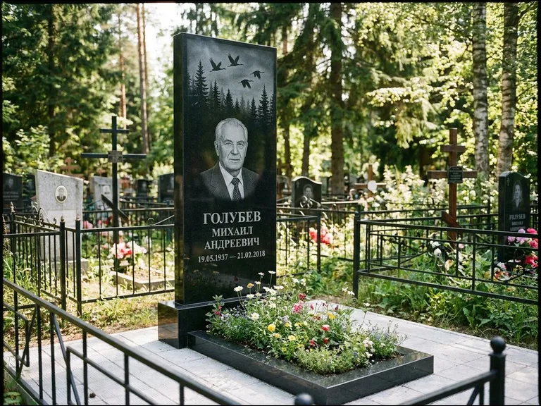 Памятник с гравировкой журавлей — гравировка силуэтов журавлей над еловым лесом, работа «Голубев» в Краснодаре