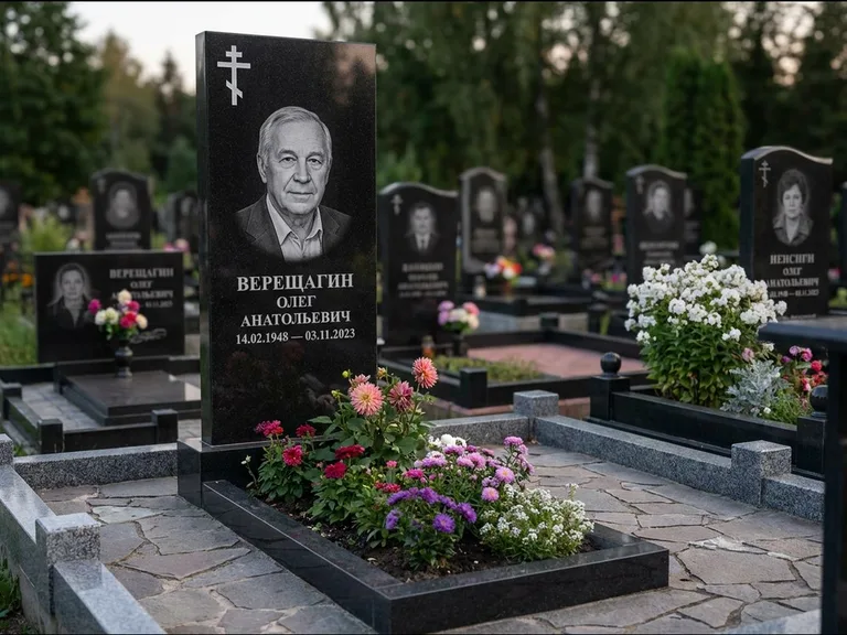 Памятник из чёрного гранита — горизонтальная плита-стела с православным восьмиконечным крестом, работа «Тихонов» в Краснодаре