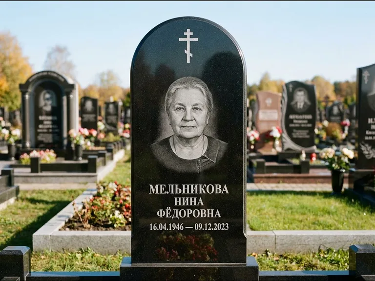 Памятник из чёрного гранита — стела с резным навершием с латинским крестом, работа «Савельева» в Краснодаре