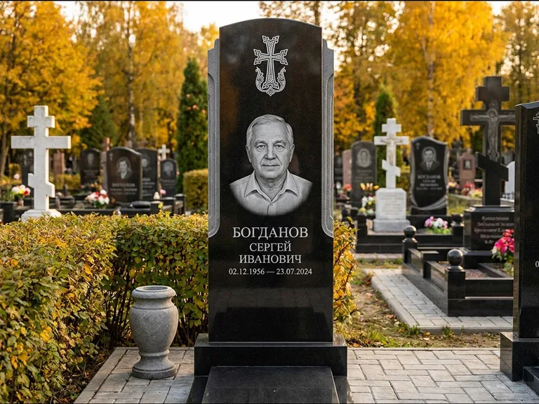Памятник из чёрного гранита — круглая стела-медальон с армянским хачкаром, работа «Ковалёв» в Краснодаре