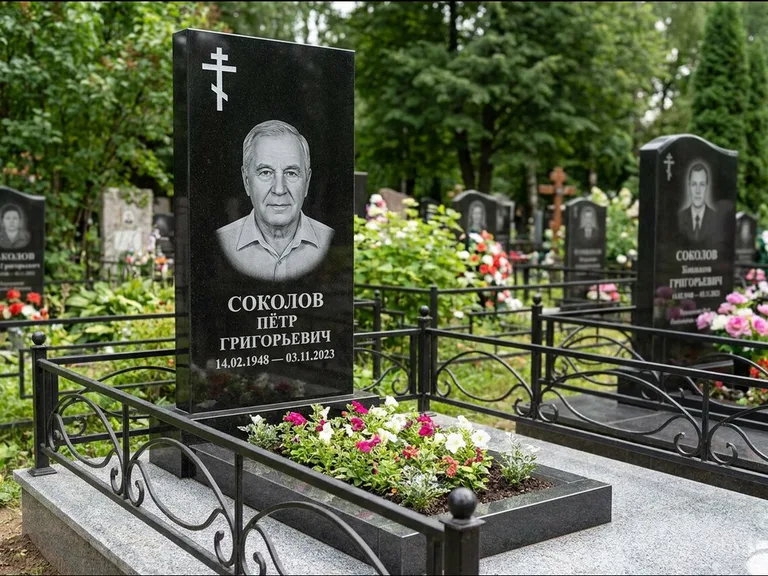 Памятник из чёрного гранита — стела с арочным верхом с православным восьмиконечным крестом, работа «Ковалёв» в Краснодаре