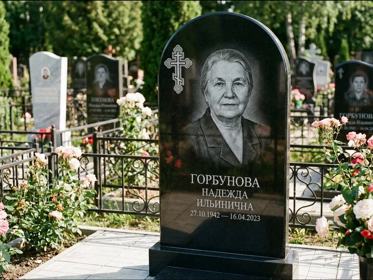 Памятник из чёрного гранита — стела с боковой колонной с крестом в лучах, работа «Мельникова» в Краснодаре