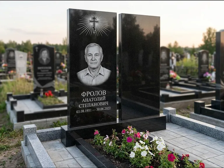 Памятник из чёрного гранита — стела на ступенчатом постаменте с золочёным крестом, работа «Богданов» в Краснодаре