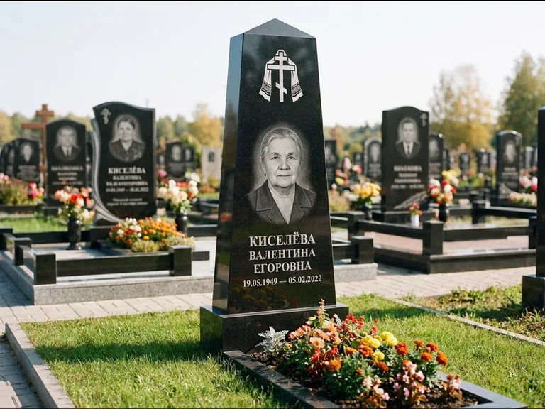 Памятник из чёрного гранита — стела со скошенным верхом с ажурным резным крестом, работа «Селезнёва» в Краснодаре