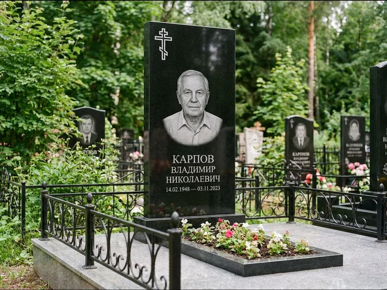 Памятник из чёрного гранита — узкая стела с ажурным крестом с православным восьмиконечным крестом, работа «Гущин» в Краснодаре