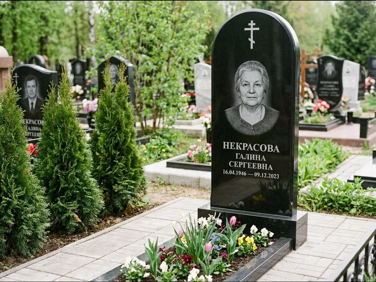 Памятник из чёрного гранита — стела с цветником-плитой с латинским крестом, работа «Лаврентьева» в Краснодаре