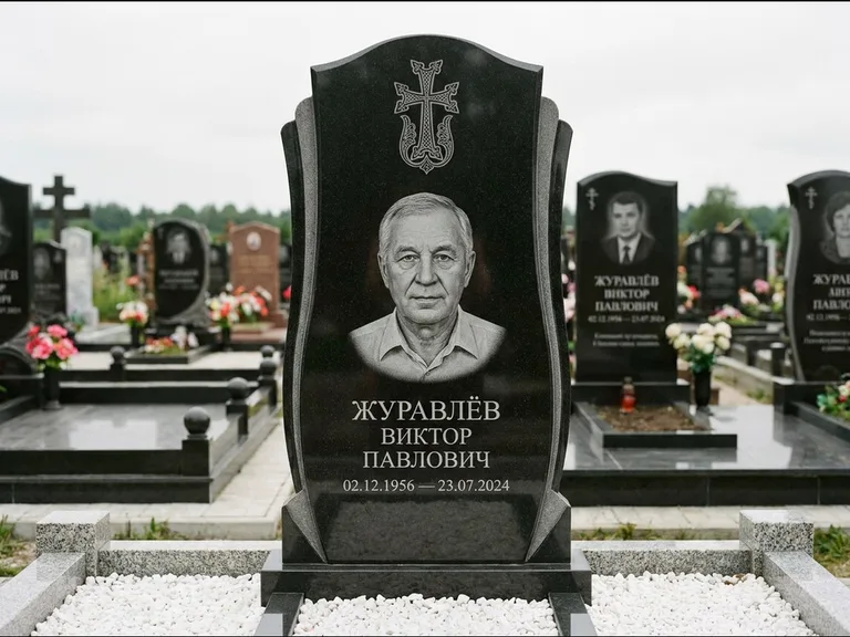 Памятник из чёрного гранита — панорамная стела с армянским хачкаром, работа «Тихонов» в Краснодаре