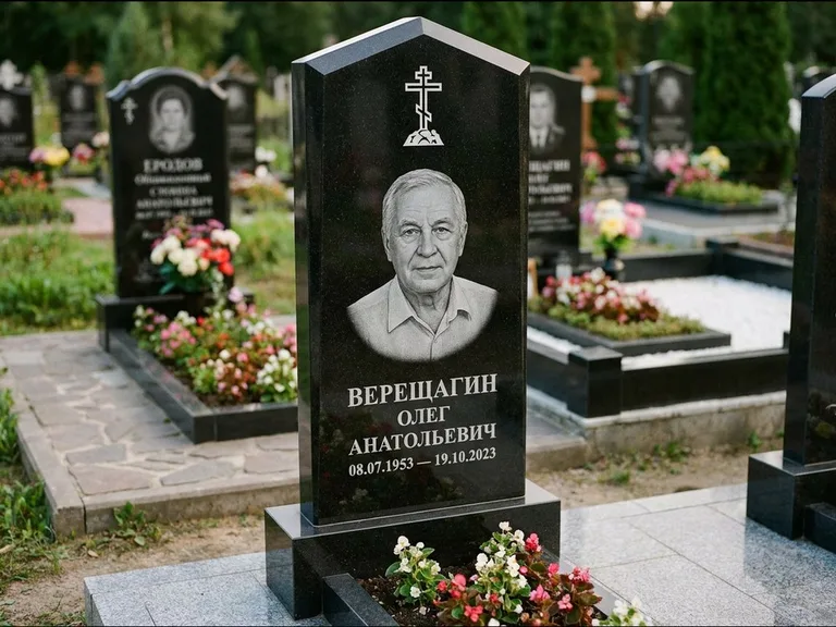 Памятник из чёрного гранита — обелиск-колонна с крестом на Голгофе, работа «Ковалёв» в Краснодаре