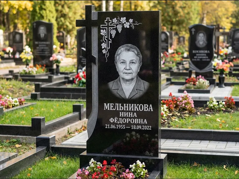 Памятник из чёрного гранита — стела с резной рамкой с крестом с распятием, работа «Некрасова» в Краснодаре