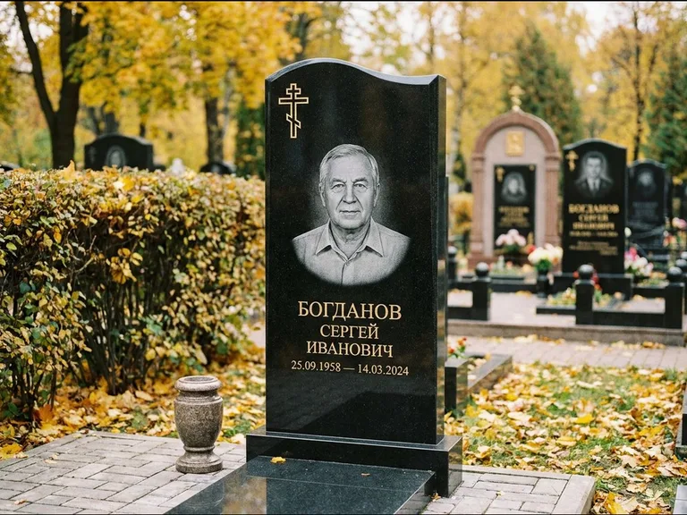 Памятник из чёрного гранита — стела с цветником с процветшим крестом с виноградной лозой, работа «Журавлёв» в Краснодаре