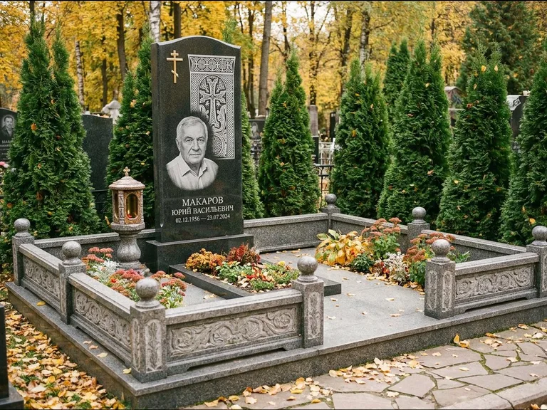 Памятник из чёрного гранита — стела с крестом и лампадой с армянским хачкаром, работа «Гущин» в Краснодаре